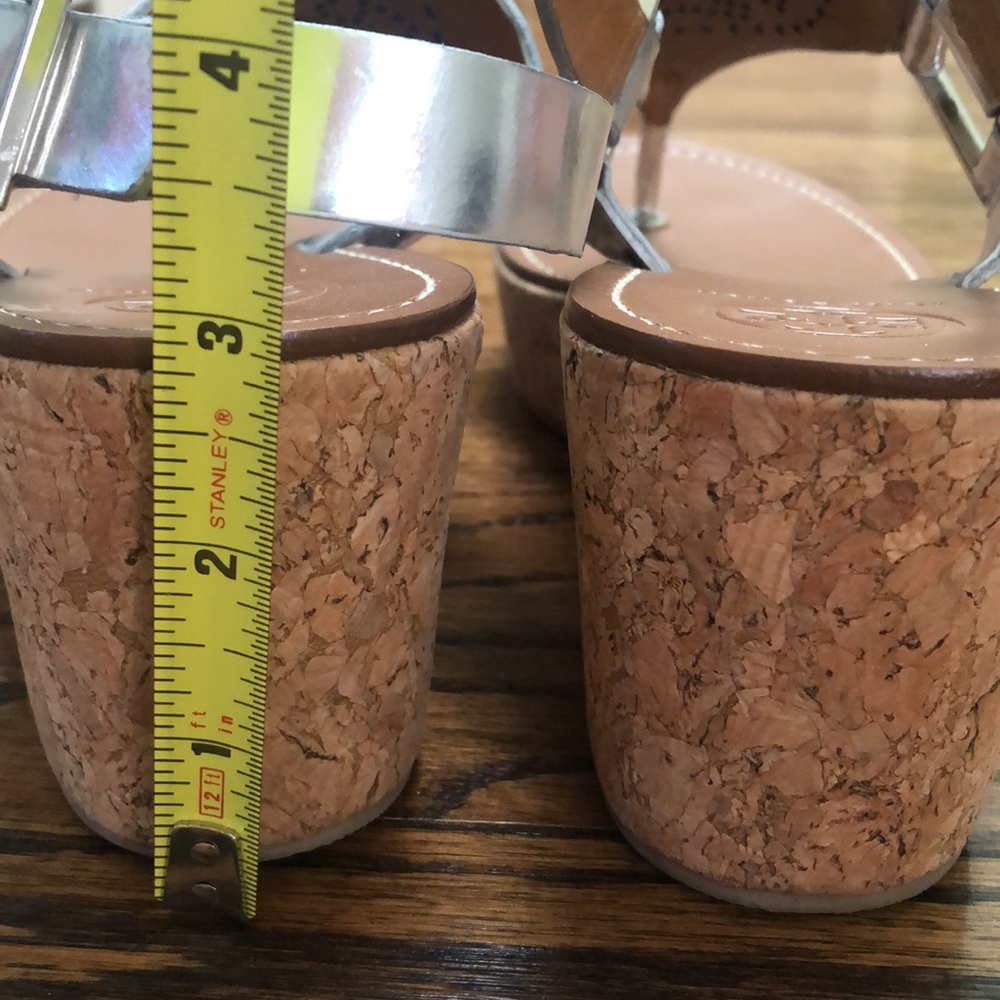 Tory Burch Mirrored Silver Cork Wedge Sandals 8 - image 5